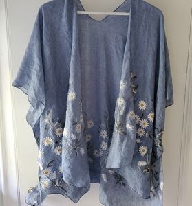 Lovely Blue Shawl with Embroidered Daisies